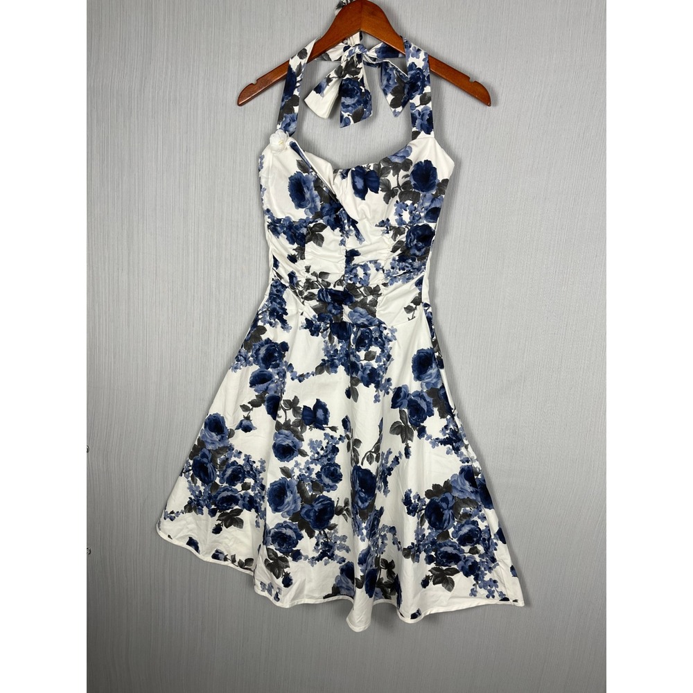 Blue Floral Halter Dress Womens 13 White Fit & Flare Rockabilly Retro Ruby Rox